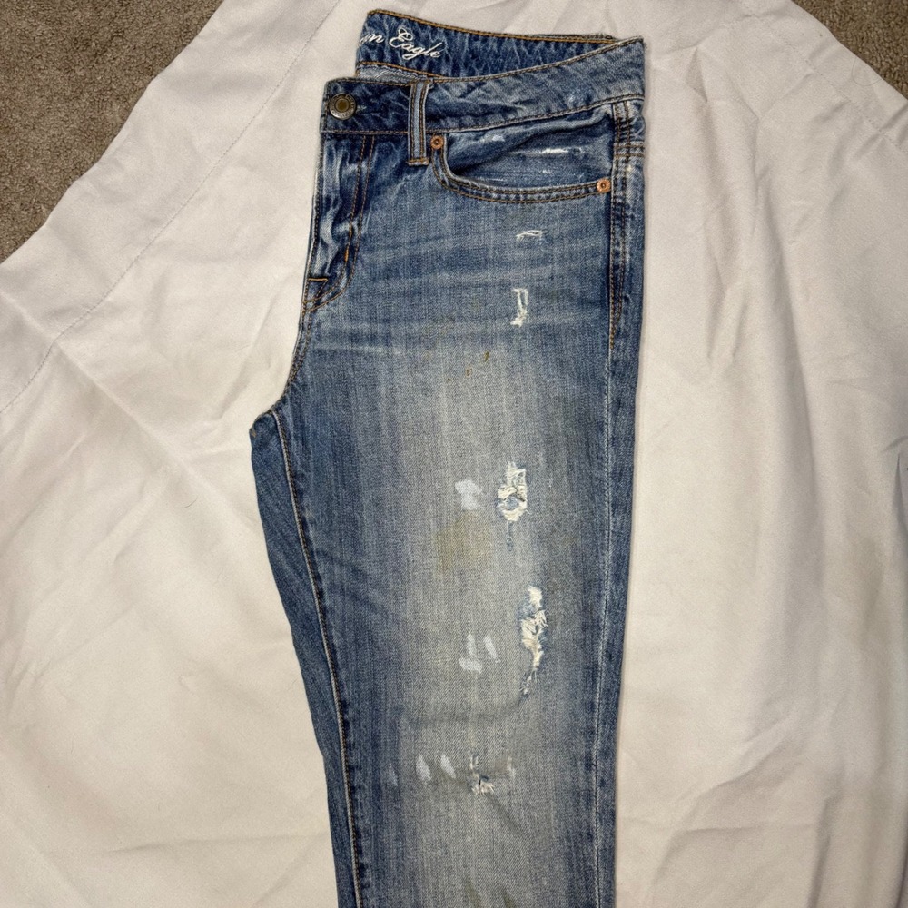 American Eagle Slouchy Jeans Womens 4 Reg Distressed Stained Medium Wash Denim - Picture 6 of 7